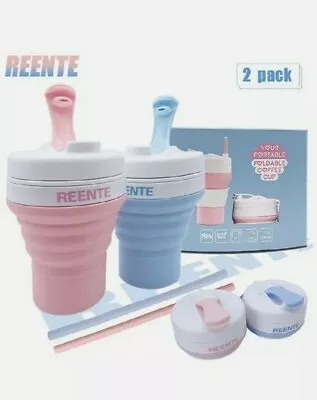 2 Pack Silicone Collapsible Coffee Cup Reusable Travel W Straws - Blue & Pink • £9.99