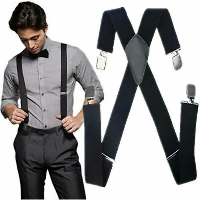 £6.33 • Buy Mens Heavy Duty Clip On Work Trouser Braces Elasticated All Black Suspenders