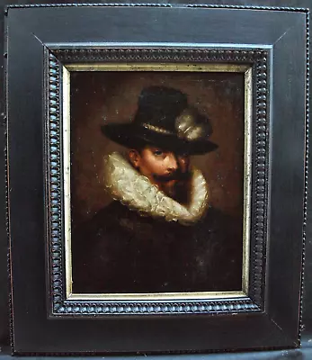 18th CENTURY PORTRAIT GENTLEMAN WITH FEATHERED HAT & RUFF Antique Oil Painting • £225