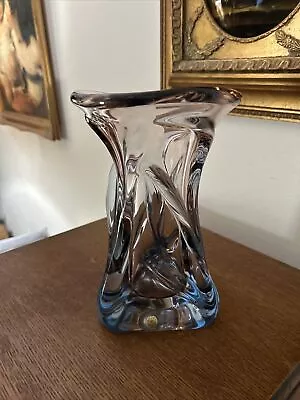 Vntg Val St. Lambert Belgium Crystal ART Vase Rose Pink Swirl W/ Bluish Base • $99.99