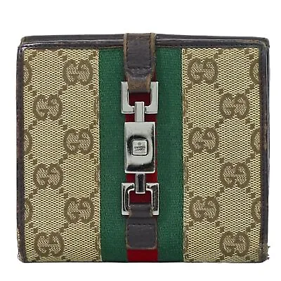 $260.29 • Buy GUCCI Jackie Sherry Line GG Canvas Leather Bifold Compact Wallet Beige Brown