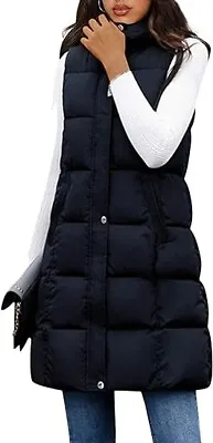 Women's Long Black Large Puffer Vest With Removable Hood NWOT • £33.72