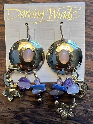 Vintage Dancing Winds Gold Tone Moon & Flower Dangling Pierced Earrings ~ NOS • $27.99