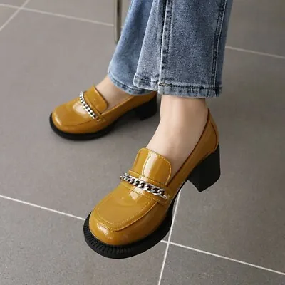 Women's Round Toe Chunky Heel Oxfords Loafer Slip On College Shoes Pumps Sandals • $101.07