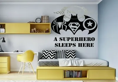£4.99 • Buy Superhero Sleeps Here Batman Spiderman Kids Room Wall Window Door Sticker Decal