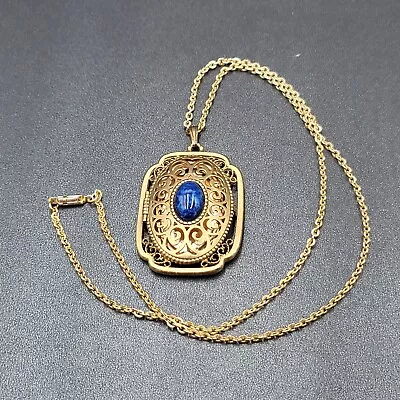 Vintage Avon Locket Pendant Gold Tone Blue Acrylic Cabochon 24” Chain • $14