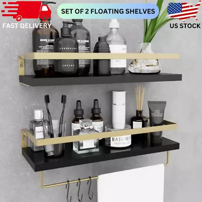 2 Set Wall Floating Shelves With Towel Bar Hooks Bathroom Wall Decor Gold Black • $17.99