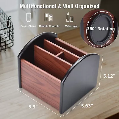 $22.45 • Buy Wooden Desk Organizer 4 Compartment Revolving TV Remote Control Pen Caddy Holder