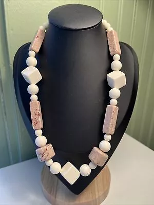 Vintage 1980s Chunky Cube And Rectangle Bead Necklace 19” Ivory & Beige • $7.49