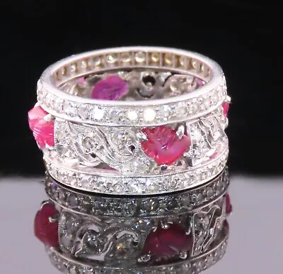 Antique Art Deco 7.5g Platinum Diamond & Carved Ruby Tutti Frutti Eternity Ring • $4800