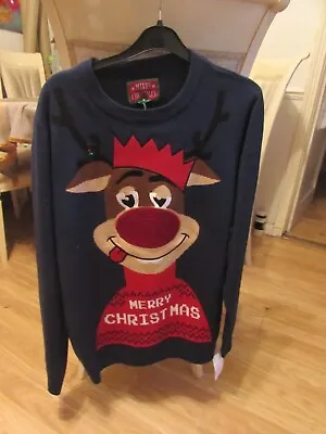 Men's Novelty Christmas Reindeer Themed/patterned Blue Jumper Size Large • £15