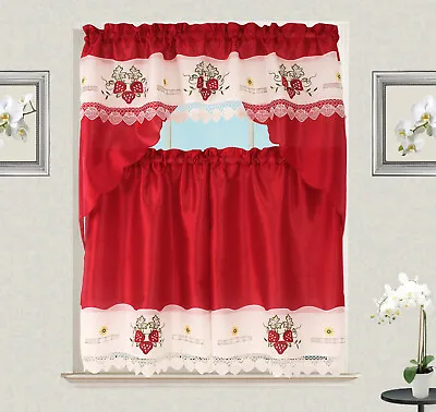 Strawberry Macrame Embroidery Design Kitchen Curtain W Swag And Tier Set 36 Inch • $19.97