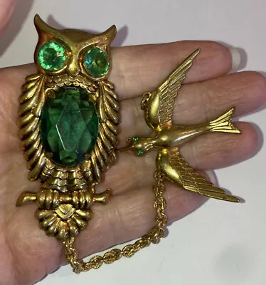 Big Fabulous Vintage Owl & Swallow Bird Chatelaine Brooch With Green Cabochons • $40