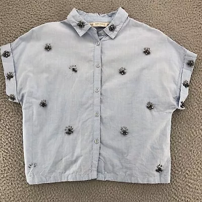 Zara Shirt Womens Extra Small Blue Beaded Button Collared Short Sleeve Cuffed • $19.99