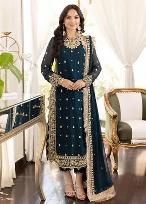 Pakistani Designer Chiffon Suit With Lining Unstitched Women Shalwar Kameez • £30.99