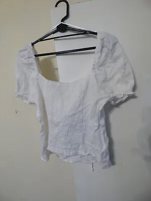 H&M White Linen Bow Tie  Holiday Romantic Top Blouse Shirred Back Panel Medium • £0.99