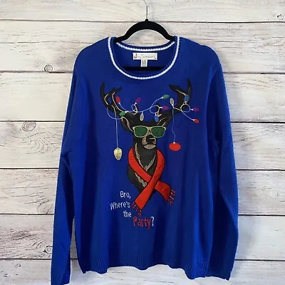 Jolly Sweaters Mens Christmas Sweater Bro Where’s The Party XL Blue Deer  • $14.99