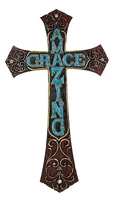 18 H Rustic Western Faux Wooden Amazing Grace Scrollwork Decorative Wall Cross • $29.99