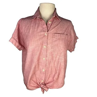Madewell Size XS Red End On End Tie Front Button Up Top Short Sleeve Pink Pocket • $9.99