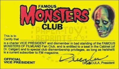 Famous Monsters Club Membership Card - Vintage Reprint • $4.99