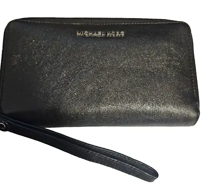 MICHAEL KORS JET SET Large Zip Clutch Leather Wristlet BLACK Leather Wallet • $34.99