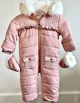 River Island Baby Girls Pink Light Waterproof Snowsuit 6-9 Months Free Delivery • £12.99