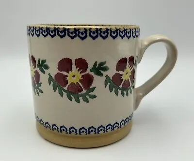 Vintage Nicholas Mosse Pottery Mug Red Flowers Blue Border Spongeware Ireland • $37.99
