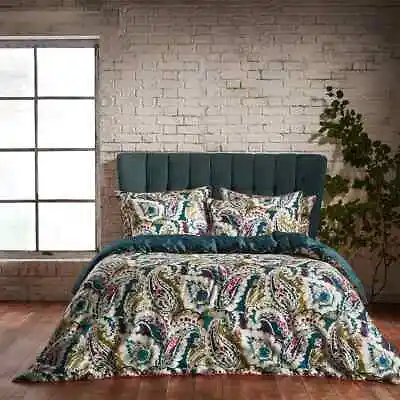 Traditional Persian Paisley Cotton Sateen Piped Duvet Cover Set Teal & Olive • £66.99