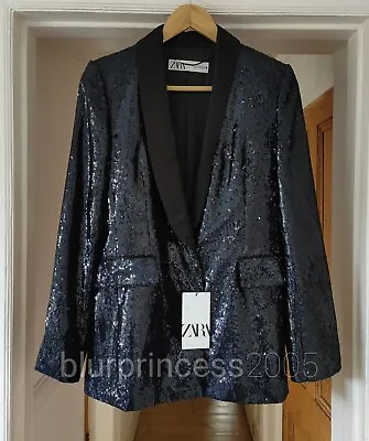 ZARA Sequin Satin Lapel Dinner Jacket Tuxedo Blazer XS S M L XL Navy Blue Black • $99.80