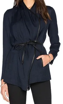 $400 VINCE Womens Sz 0 Drape Neck Navy Nylon Leather Trim Wrap Jacket  • $103.20