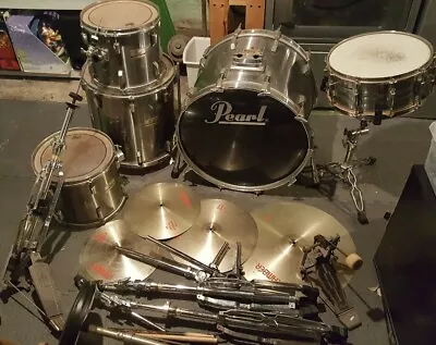 Vintage Pearl World Series 5-Piece Drum Set Chrome W/ Camber Nickel Cymbals 80s • $1500