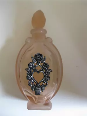 Vintage Pink Perfume Bottle W/ Rose Stopper W/metal Heart /rose Applique • $25