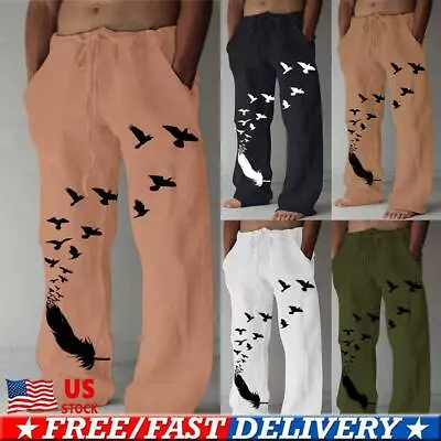 Mens Cotton Linen Casual Trousers Drawstring Baggy Sports Gym Hippy Harem Pants • $14.53