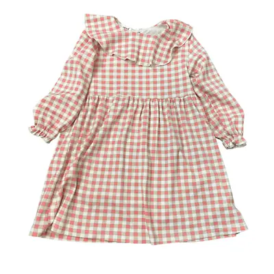 Oeuf Organic Girls Gingham Long Sleeve Mini Dress 4-5 Peach Plaid Cotton Ruffle • £28.93
