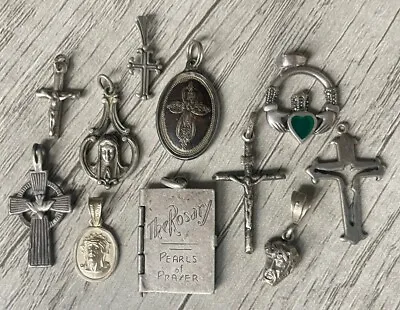 Lot Of 11 Sterling Silver 925 Vintage Religious Pendant Cross Charm Medal 28.5 G • $119.99