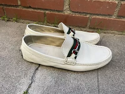 Gucci White  Leather Driving Loafer With Horse Bit Buckle Size 95 • $190