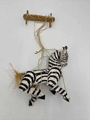 Zebra Marionette Folk Art Handmade Painted Wooden String Puppet Vintage • $59.95