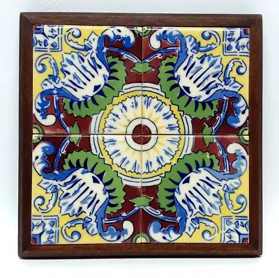 Vintage Mexico Tile Trivet 1960s Wood Frame 10  Square Colorful Ideal Standard • $14
