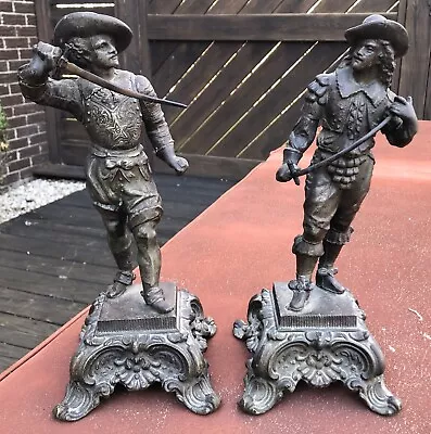 Rare Pair Of Antique Spelter Statues French Musketeers Swashbucklers With Swords • $240