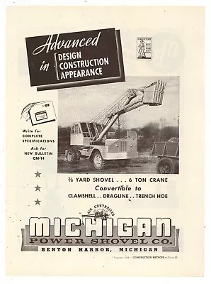 1944 Michigan Power Shovel Ad: Advanced Design Truck Crane - Benton Harbor MI • $17.76