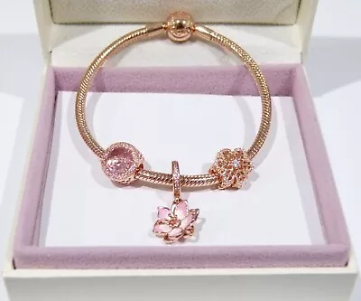 Genuine Rose Gold PANDORA Bracelet Flower Charm & CZ Crystal Beads *EASTER SALE • $179