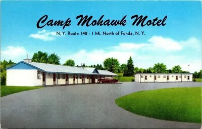 Postcard~Fonda New York~Camp Mohawk Motel~NY RT 148 1 Mi North Of Fonda Old Car • $6.75