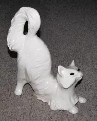 Vintage Mid Century 12  Ceramic Crouching White Cat W/ Green Eyes • $299.95