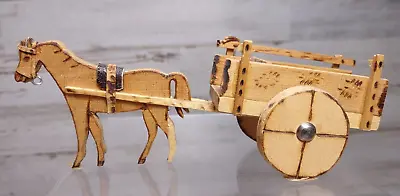 Vintage Burnt Wood Horse Donkey With Wagon Cart Figurine Toy 5 3/4  • $8.74