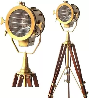 £163.22 • Buy Vintage Brass Nautical Searchlight Floor Spotlight Lamp Wooden Tripod Light