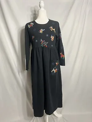 VTG Michael Simon Lite Black Maxi Dress Sz S Embroidered Holiday Christmas Dogs • $29.99