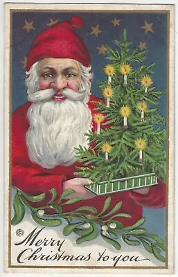 1915 Christmas SANTA CLAUS Holding Tree And Happy Smile - Vintage Postcard • $9.99