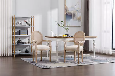 French Vintage Upholstered Fabric Dining Armchair Set Of 2 Beige • $393.33