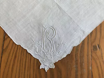Vintage White Linen Handkerchief ~ Monogram R ~ Embroidery Roses Rosebuds • $9.99