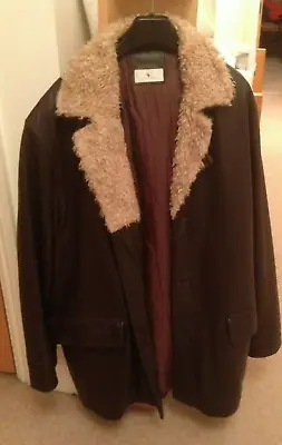 Vintage Brown Real Leather Car Coat Jacket Size M Warm With Curly Fur Trim • £39